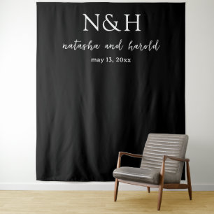 Natasha Black Monogram Modern Wedding Tapestry