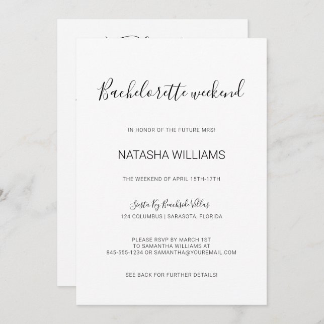 Natasha Chic Bachelorette Weekend with Itinerary Invitation (Front/Back)