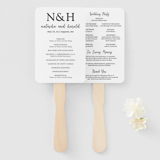 Natasha Monogram Modern Wedding Program Hand Fan (Front and Back)