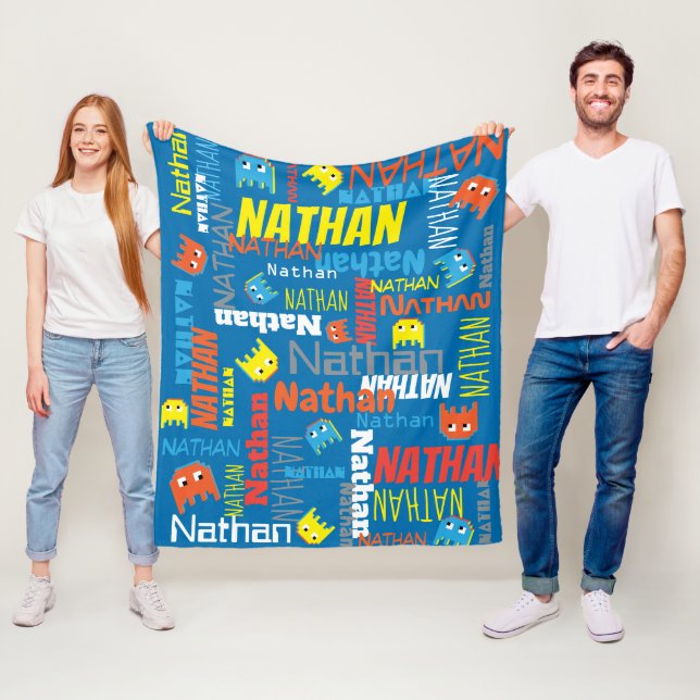 Nathan custom name pixel gaming character graphic fleece blanket (In Situ)