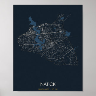 Natick Massachusetts Street Map Poster (Night)