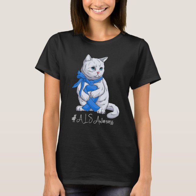 National ALS Awareness Month Blue Ribbon Cute Cat T-Shirt (Front)