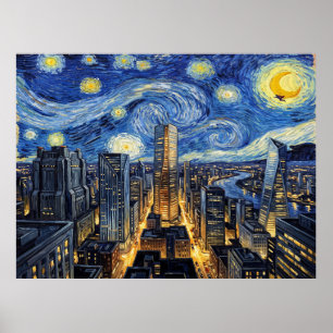 National City Starry Night Comic Book Landscape Poster