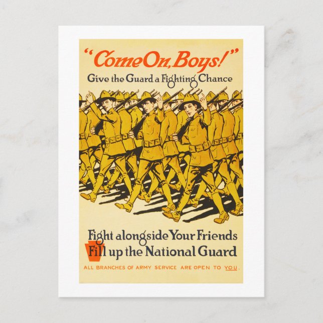 National Guard Come On Boys WWI Propaganda Postcard (Front)