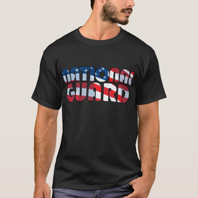NATIONAL GUARD in Waving American Flag Font T-Shirt (Front)