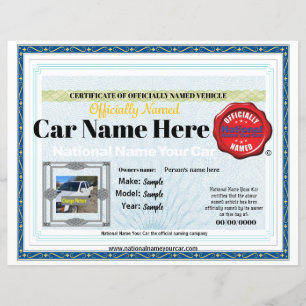 National Name Your Car official certificate