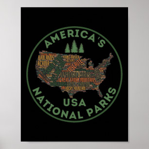 National Parks Map Hiking Travel Camping Outdoors Poster