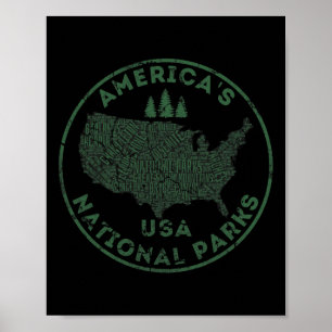 National Parks Map Hiking Travel Camping Outdoors Poster
