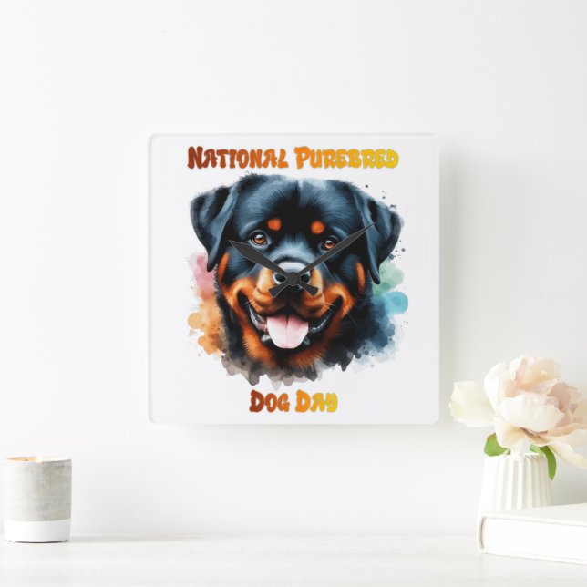 National Purebred Dog Day Rottweiler Artwork Square Wall Clock (Home)