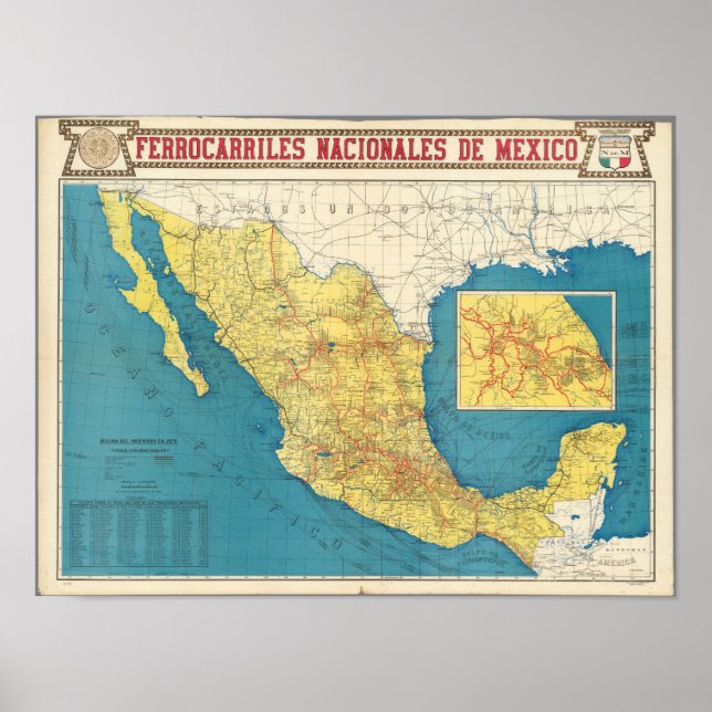 National Railroads of Mexico Map Poster (Front)
