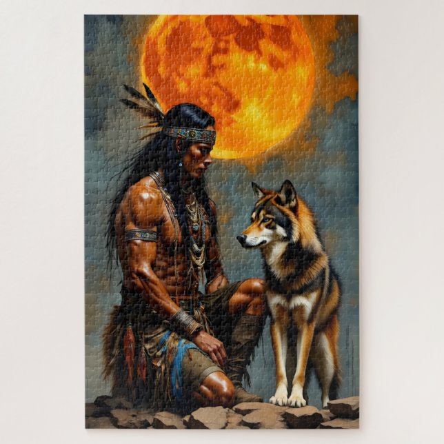 Native American and Wolf Jigsaw Puzzle (Vertical)