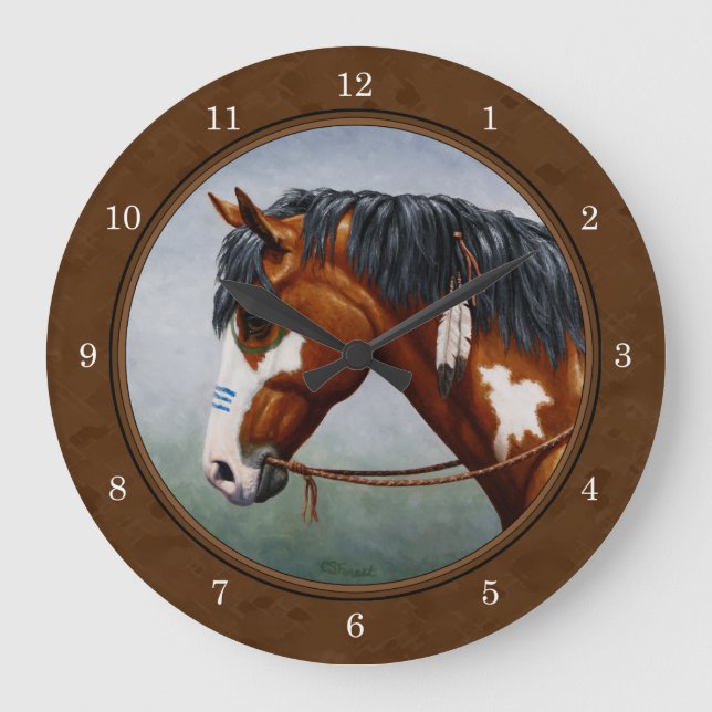 Native American Bay Pinto Horse Brown Large Clock (Front)