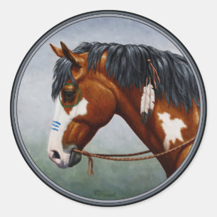 Native American Bay Pinto War Horse Classic Round Sticker