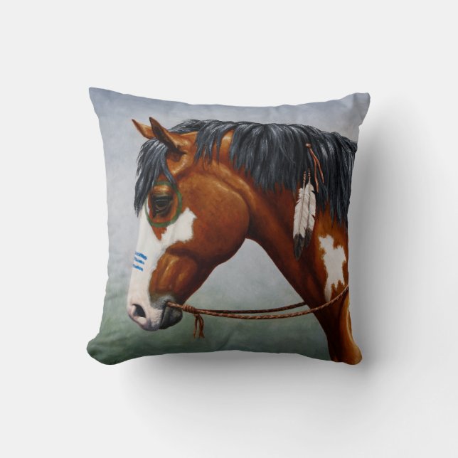 Native American Bay Pinto War Horse Cushion (Front)