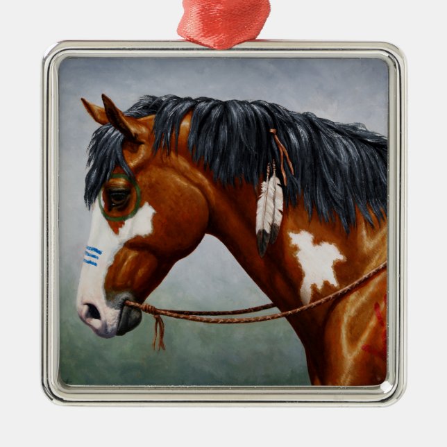 Native American Bay Pinto War Horse Metal Tree Decoration (Front)