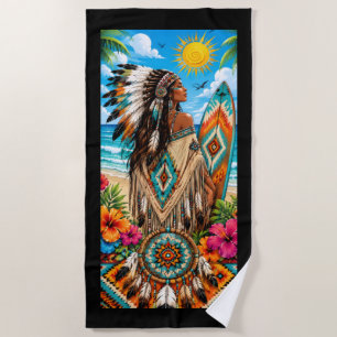 Native American Beach Towel with Summer Sky Woman
