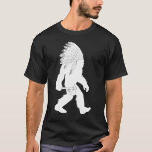Native American Bigfoot Wearing Headdress Holding  T-Shirt
