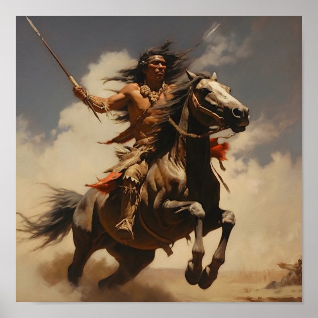 Native American Brave Throwing a Spear from Horseb Poster (Front)