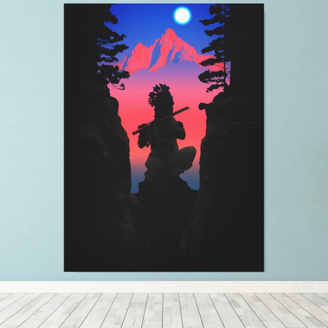 Native American Chief Flute Moonlight Mountain Canvas Print (Insitu(Wood Floor))
