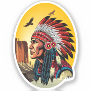 Native American Chief on wild Landscape Sunset