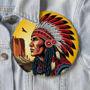 Native American Chief on wild Landscape Sunset 6 Cm Round Badge