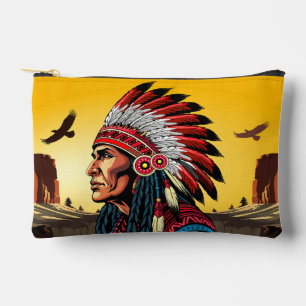 Native American Chief on wild Landscape Sunset Accessory Pouch