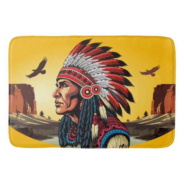 Native American Chief on wild Landscape Sunset Bath Mat (Front)