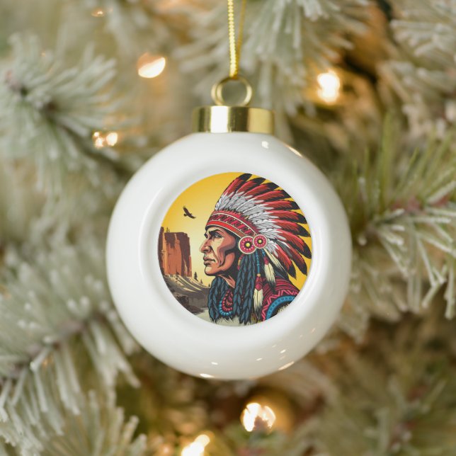 Native American Chief on wild Landscape Sunset Ceramic Ball Christmas Ornament (Tree)