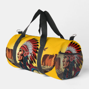 Native American Chief on wild Landscape Sunset Duffle Bag