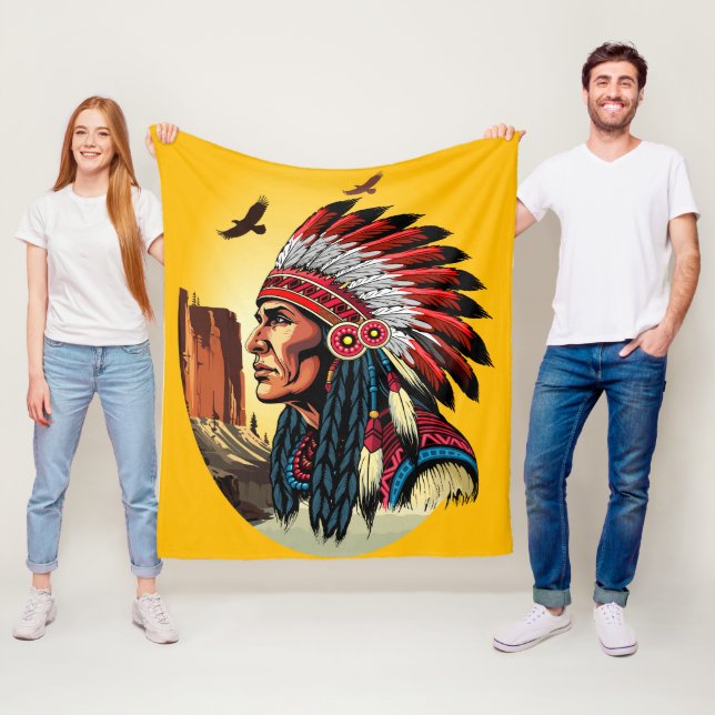 Native American Chief on wild Landscape Sunset Fleece Blanket (In Situ)