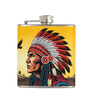 Native American Chief on wild Landscape Sunset Hip Flask