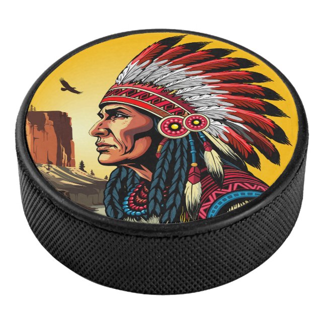 Native American Chief on wild Landscape Sunset Hockey Puck (3/4)