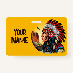 Native American Chief on wild Landscape Sunset ID Badge