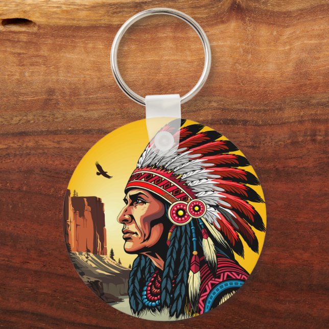 Native American Chief on wild Landscape Sunset Key Ring (Front)