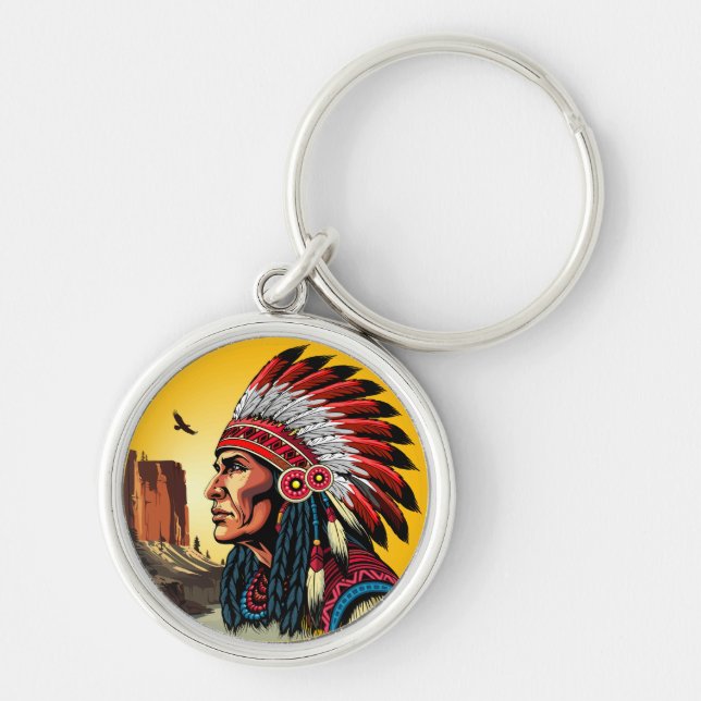 Native American Chief on wild Landscape Sunset Key Ring (Front)