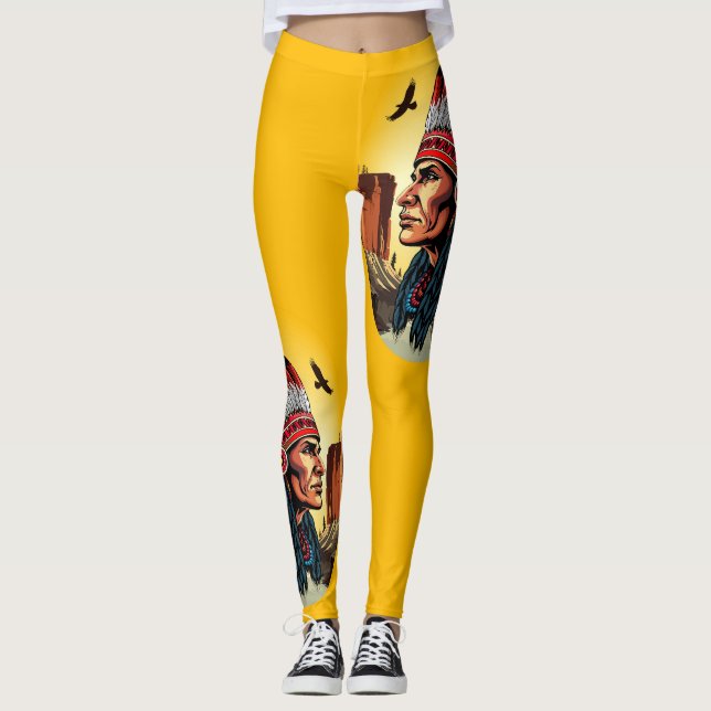 Native American Chief on wild Landscape Sunset Leggings (Front)