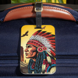 Native American Chief on wild Landscape Sunset Luggage Tag