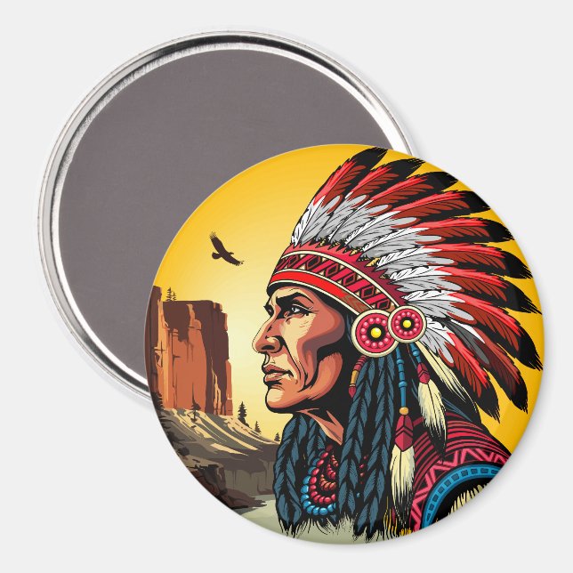Native American Chief on wild Landscape Sunset Magnet (Front/Back)