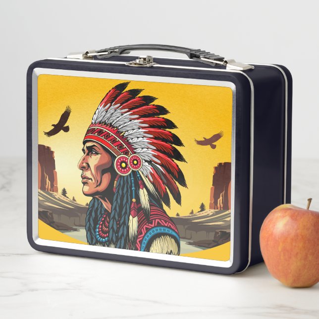 Native American Chief on wild Landscape Sunset Metal Lunch Box (In Situ)