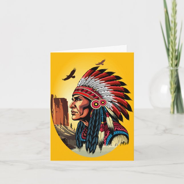 Native American Chief on wild Landscape Sunset Note Card (Front)