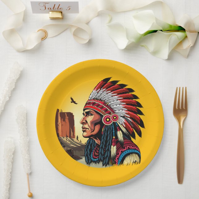 Native American Chief on wild Landscape Sunset Paper Plate (Wedding)