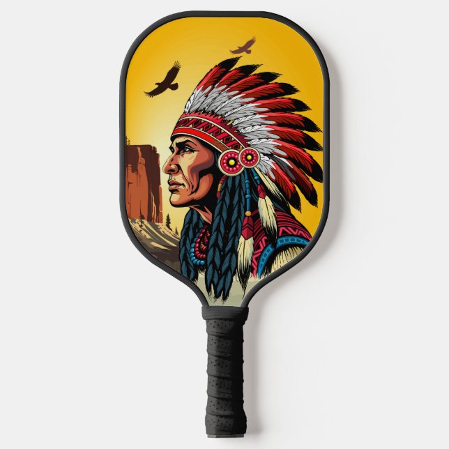 Native American Chief on wild Landscape Sunset Pickleball Paddle (Front)