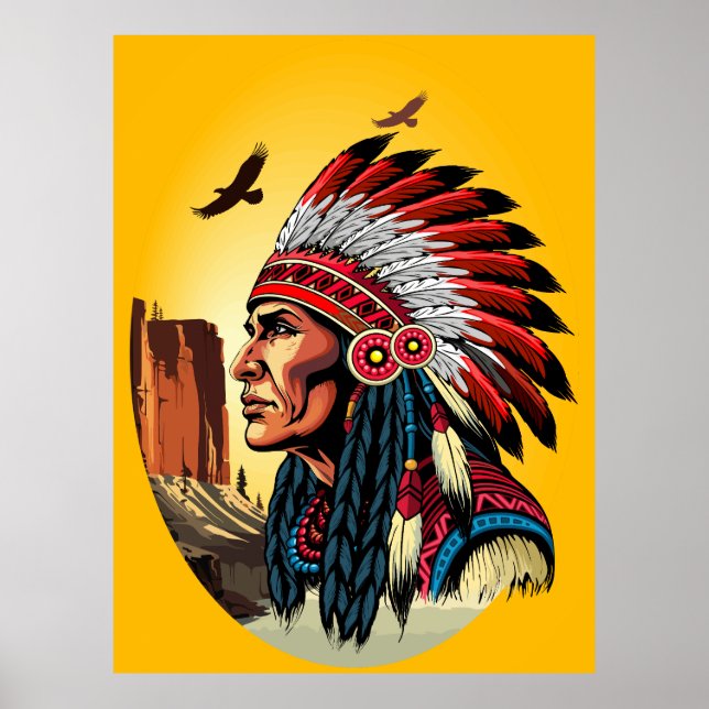 Native American Chief on wild Landscape Sunset Poster (Front)