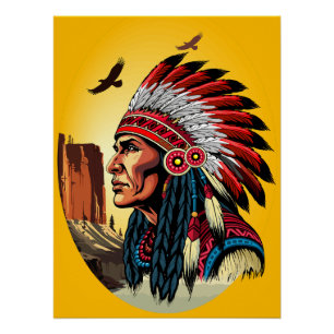 Native American Chief on wild Landscape Sunset Poster