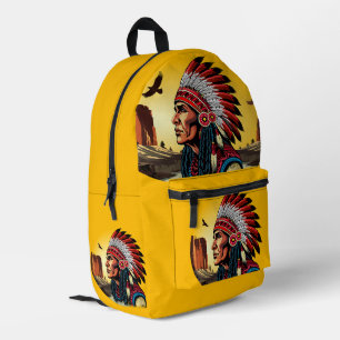 Native American Chief on wild Landscape Sunset Printed Backpack