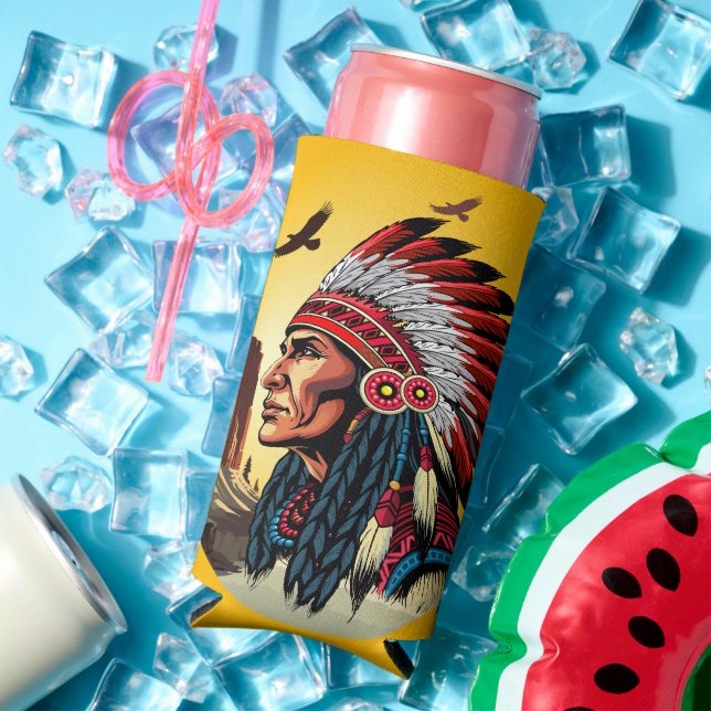 Native American Chief on wild Landscape Sunset Seltzer Can Cooler (In Situ Summer)