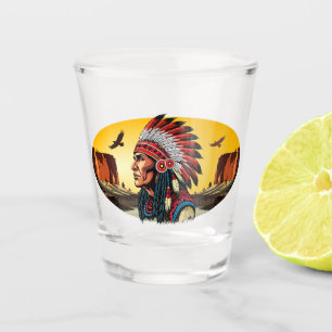 Native American Chief on wild Landscape Sunset Shot Glass