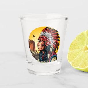 Native American Chief on wild Landscape Sunset Shot Glass