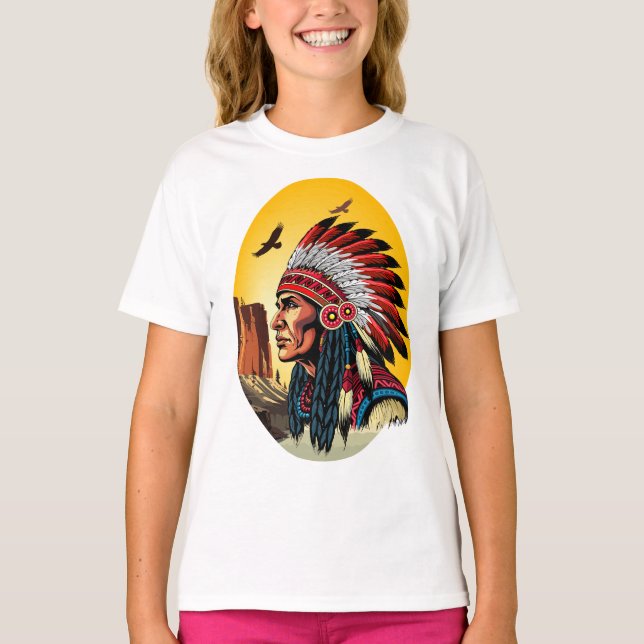 Native American Chief on wild Landscape Sunset T-Shirt (Front)