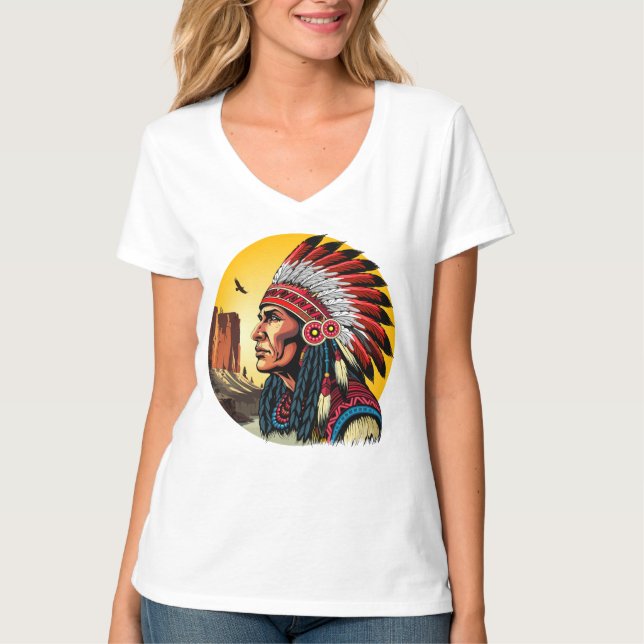 Native American Chief on wild Landscape Sunset T-Shirt (Front)